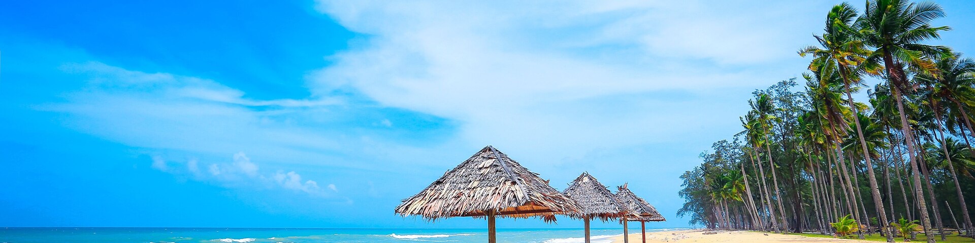 Peaceful scenery of palm tree, bamboo hut at the beach and blue sky