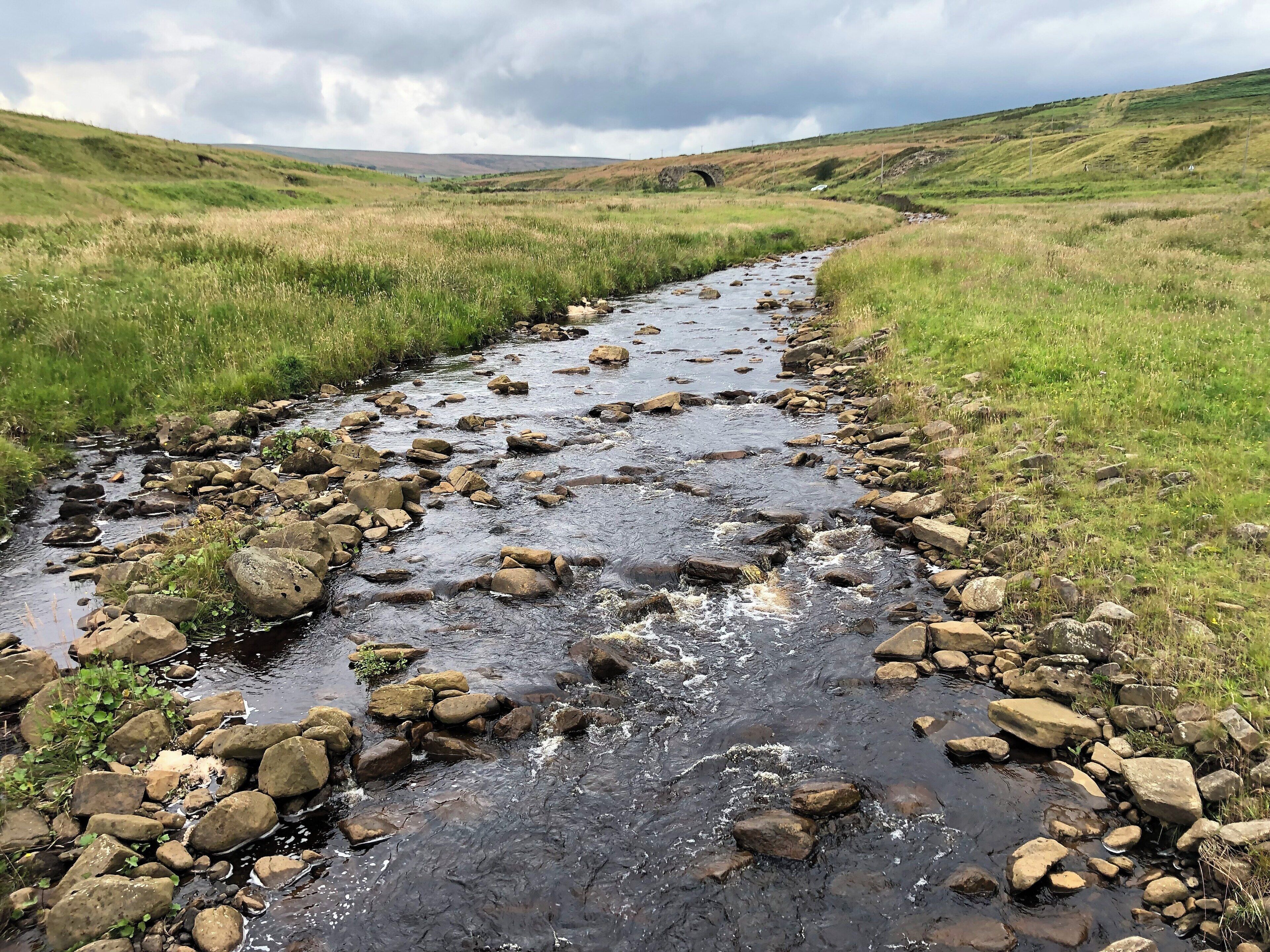 A rocky stream in a grassy valley with a stone bridge in the distance.