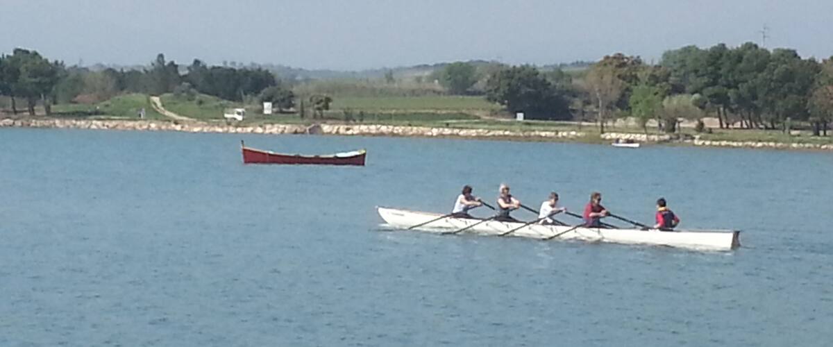 A rowing team in a boat on a calm lake with a red boat in the background and a grassy shoreline with trees.
