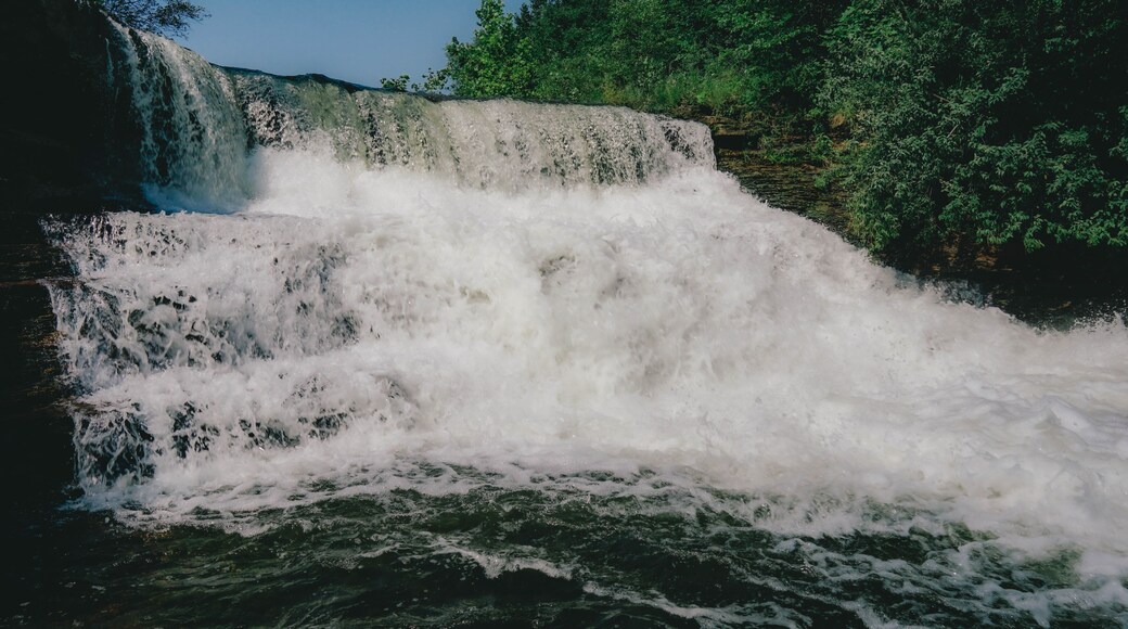 A waterfall cascading over a rocky ledge surrounded by dense green foliage.