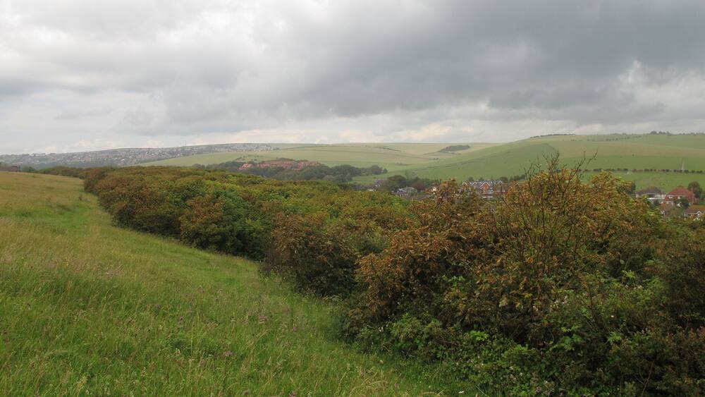 Ländliche Landschaft mit sanften Hügeln, einem Dorf und einem bewölkten Himmel.