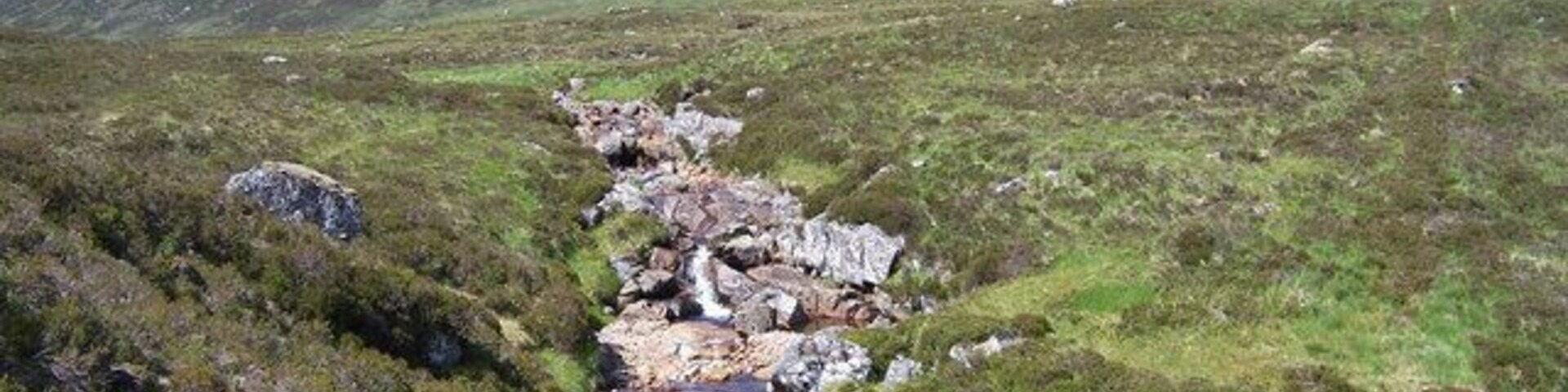 Un arroyo serpentea por un paisaje cubierto de hierba, con afloramientos rocosos y colinas al fondo.