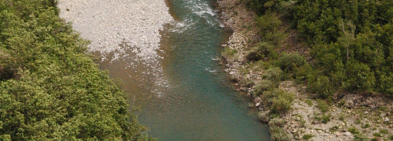 Un río serpentea por un desfiladero rocoso rodeado de vegetación verde y exuberante.