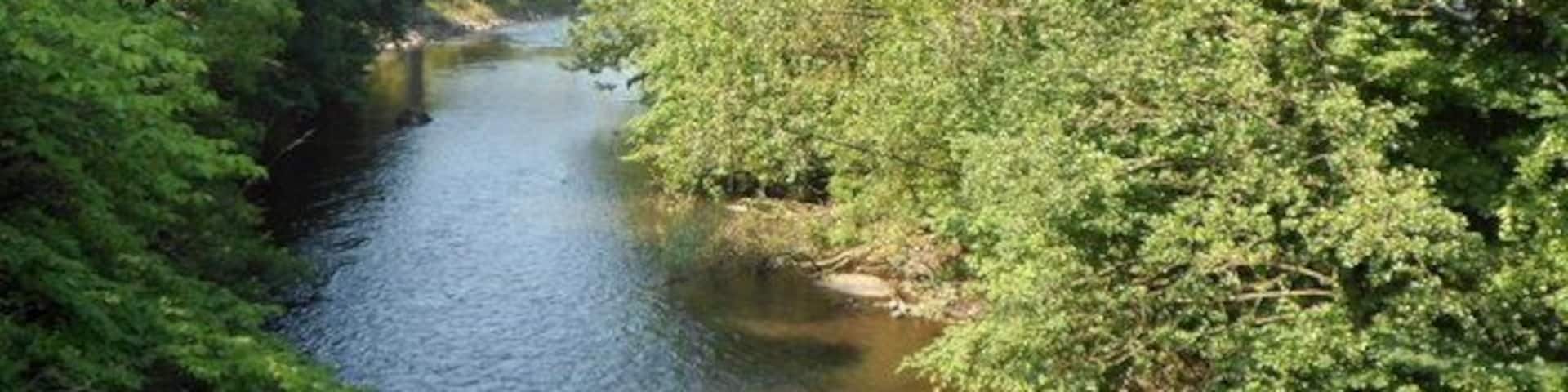 River Taff between two bridges, Abercynon. Looking downstream from this bridge towards a newer bridge.