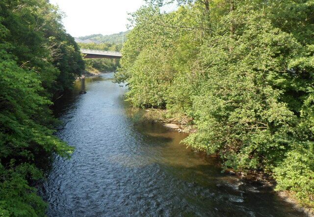 A river flowing through a forested area with a bridge in the background.