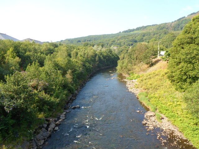 River Taff downstream from a bridge near Abercynon railway station. The Taff flows away from this bridge.