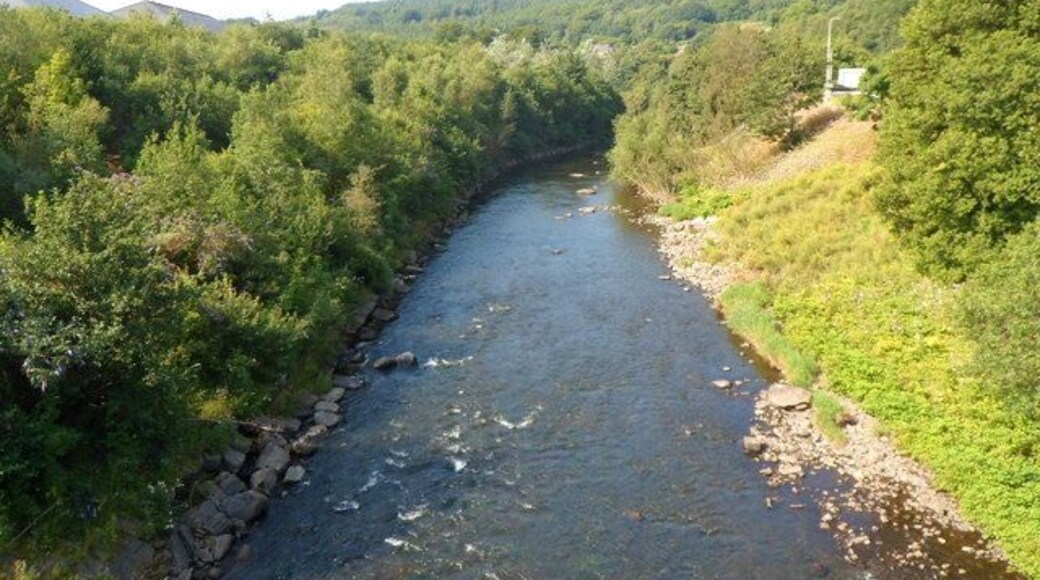 River Taff downstream from a bridge near Abercynon railway station. The Taff flows away from this bridge.