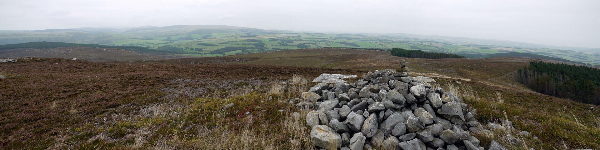 Cairn on Cold Law Panorama north-east from the trig point
