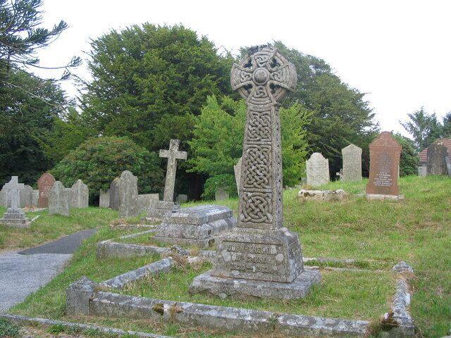 Luxulyan churchyard. A view looking east over the churchyard at Luxulyan, showing a finely carved cross.