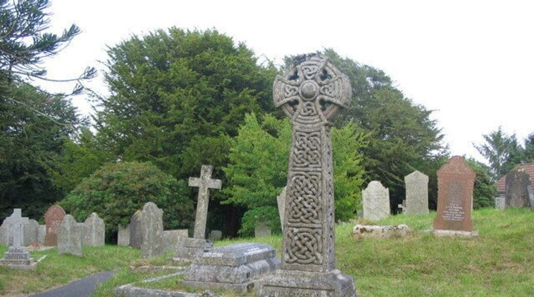 Luxulyan churchyard. A view looking east over the churchyard at Luxulyan, showing a finely carved cross.
