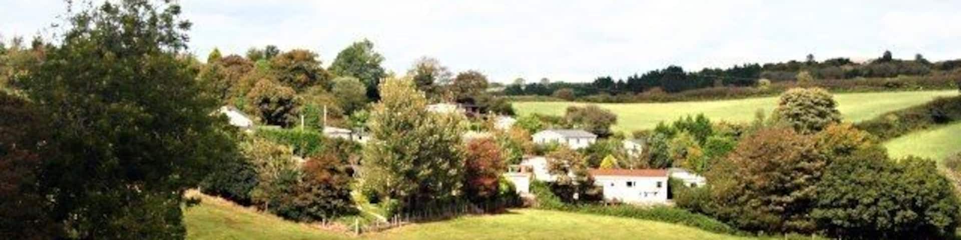 East of Luxulyan On the eastern edge of the village of Luxulyan the land dips down towards the valley floor. Across the fields are what looks like a development of holiday chalets.