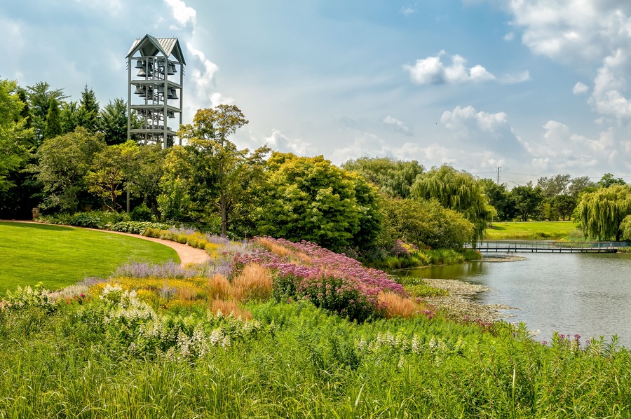 Evening Island with Carillon Bell Tower at Chicago Botanic Garden, Glencoe, Illinois, USA