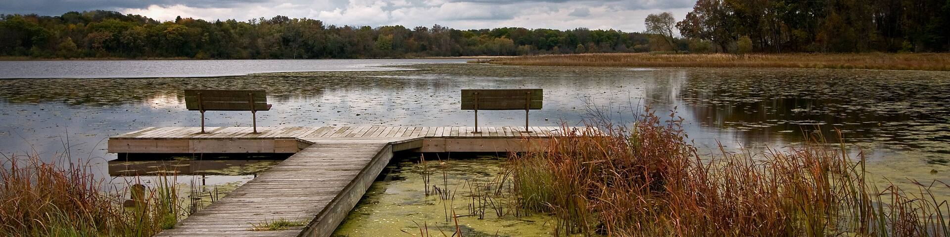 An overcast fall day on Lake Defiance, Moraine Hills State Park, McHenry, Illinois.