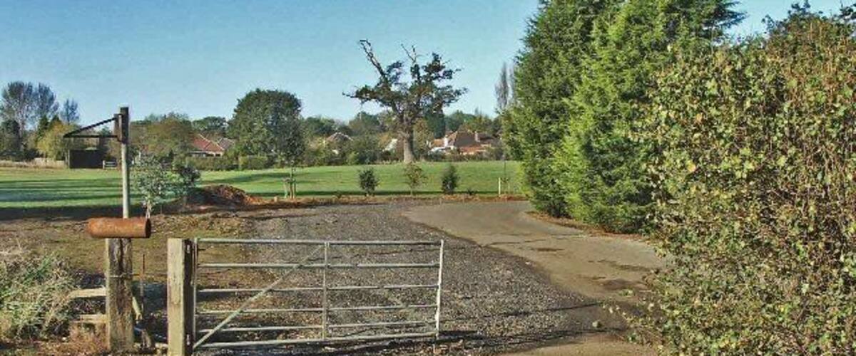 A rural landscape with a gravel path, a metal gate, and a row of trees.