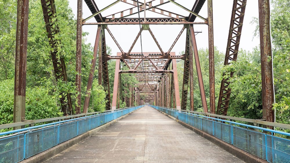 Un pont métallique rouillé, doté de garde-corps bleus, entouré d’un feuillage verdoyant et dense.