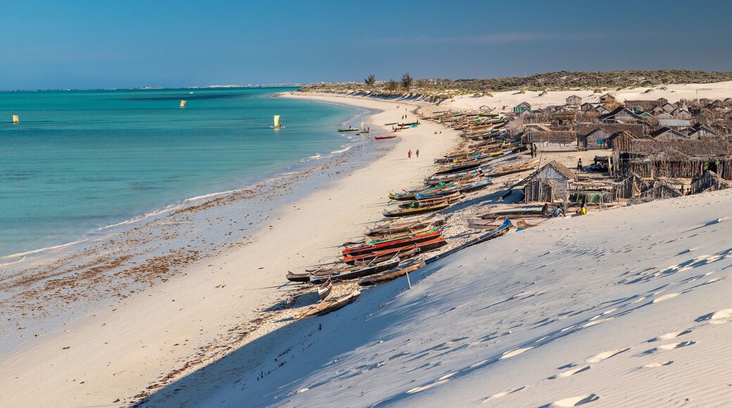 Panorama of Mamirano bay taken from a white dune. At the foot of the dune a Vezo village. Tulear, Madagascar