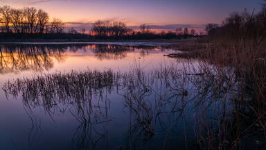 A calm lake at sunset with reflections of trees and sky.