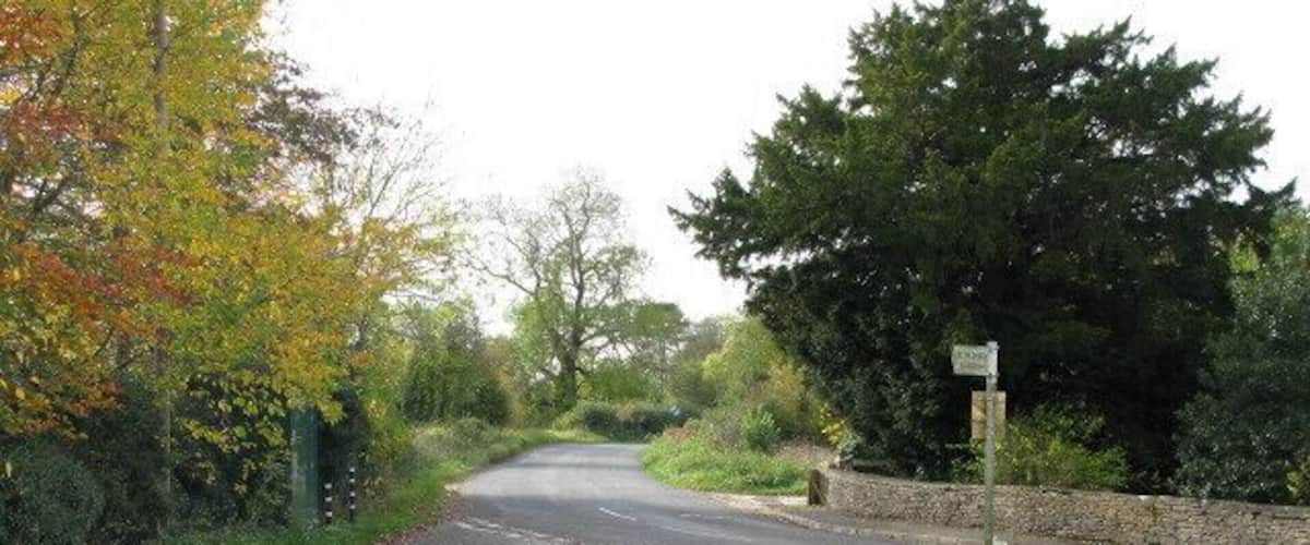 A rural road with a stone wall on one side and a grassy area with trees on the other.