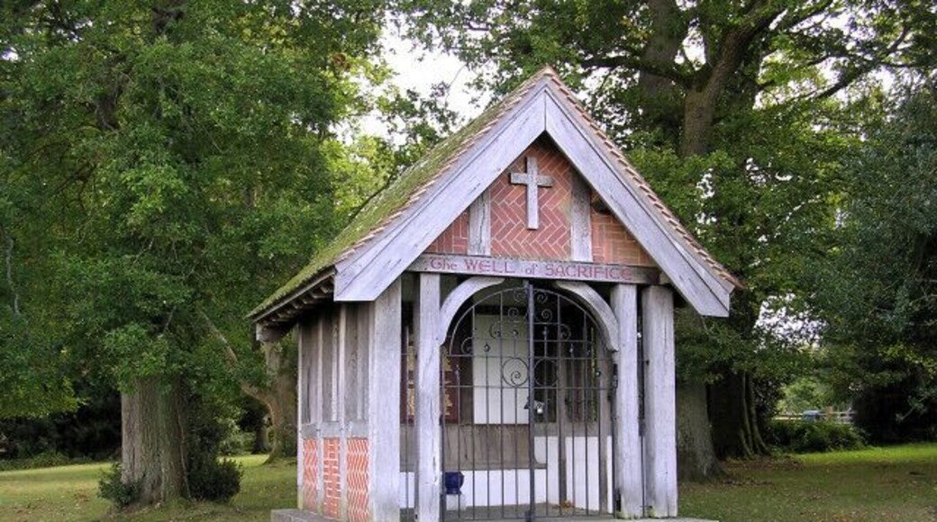 The Well of Sacrifice, Nomansland, New Forest. On the village green, close to the cricket pitch, is this unusual memorial to the local men who served in the 1914-18 and 1939-45 conflicts. The structure is apparently on top of a well. It is curious that the name of the village, Nomansland, is the same as that famously used in the trench warfare of the 1914-18 war.