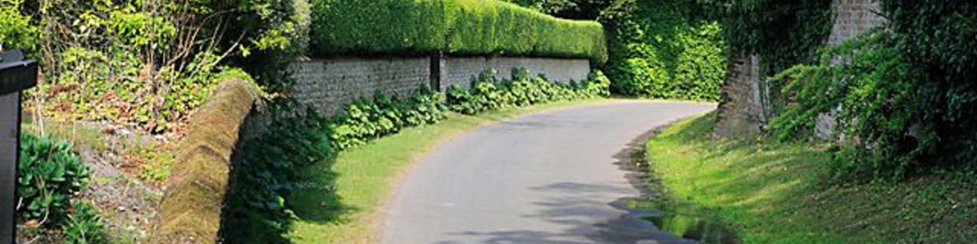 Uma estrada rural estreita e sinuosa, ladeada por vegetação exuberante e muros de pedra.