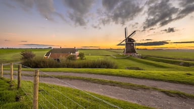 A windmill, a house, and a field at sunset.