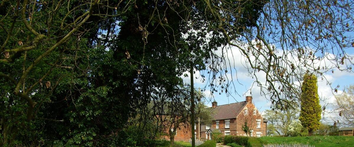 A gravel path leading to a traditional brick house surrounded by lush greenery and trees.