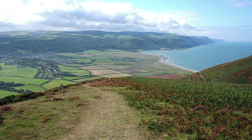 Selworthy: towards Porlock and Exmoor With Porlock Bay, right. The signpost indicates a bridleway to Lynch