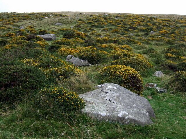 Block-field below Carn Sian The scattered boulders below the volcanic outcrop are the result of frost action splitting the rocks which then rolled down the slope.