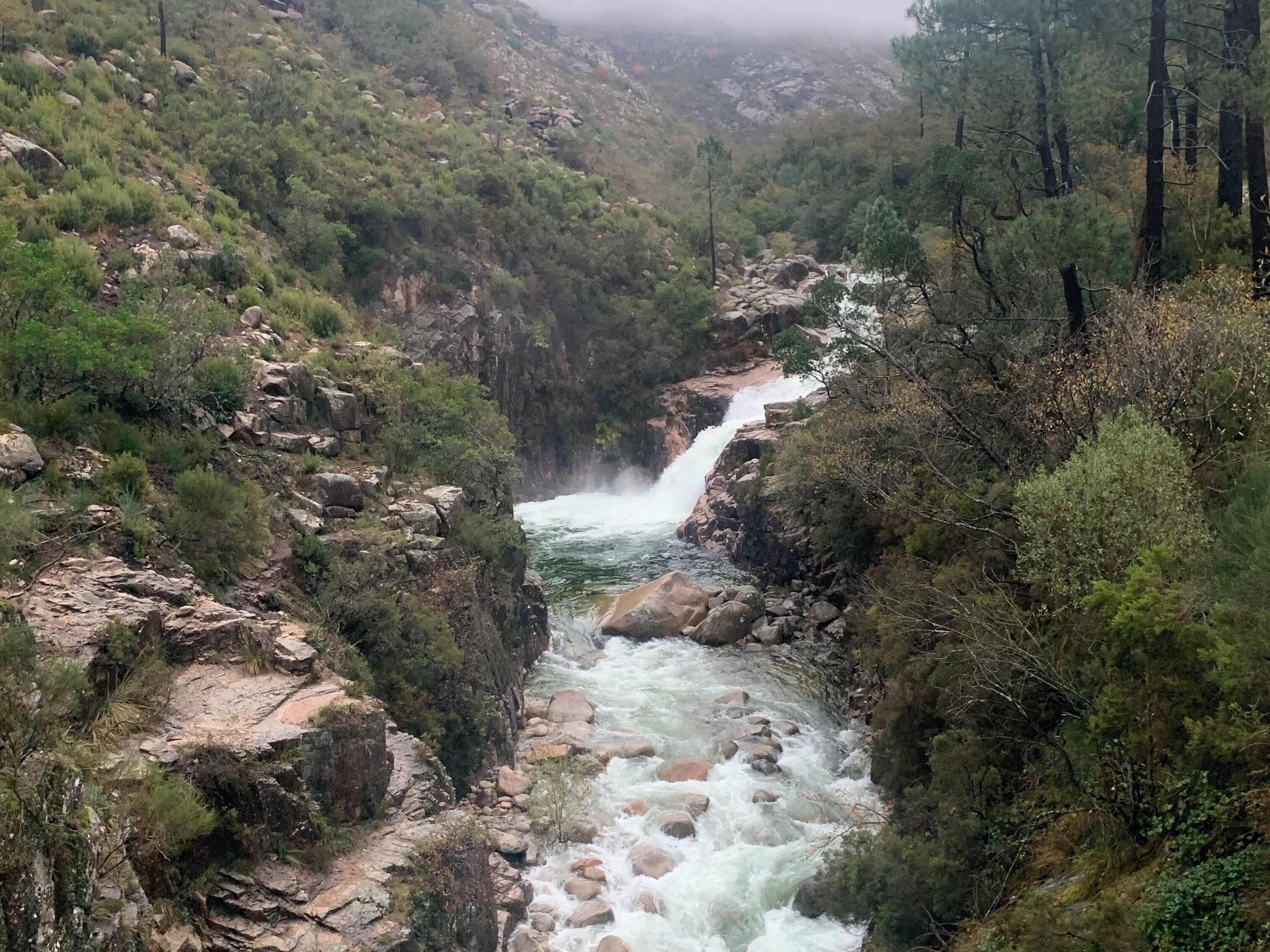 A river flowing through a rocky canyon with a waterfall.