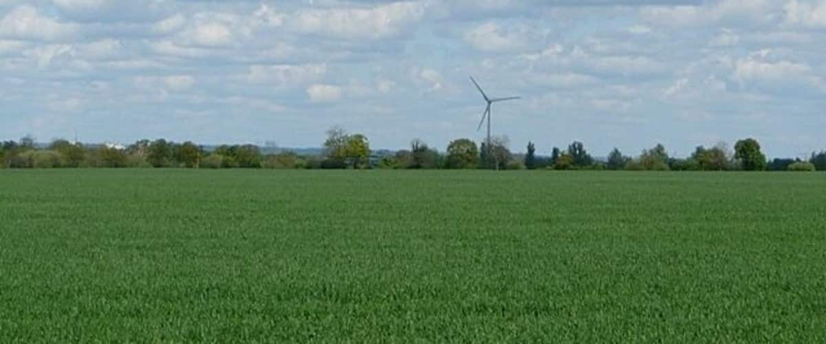 A green field with a wind turbine in the distance and a cloudy sky.