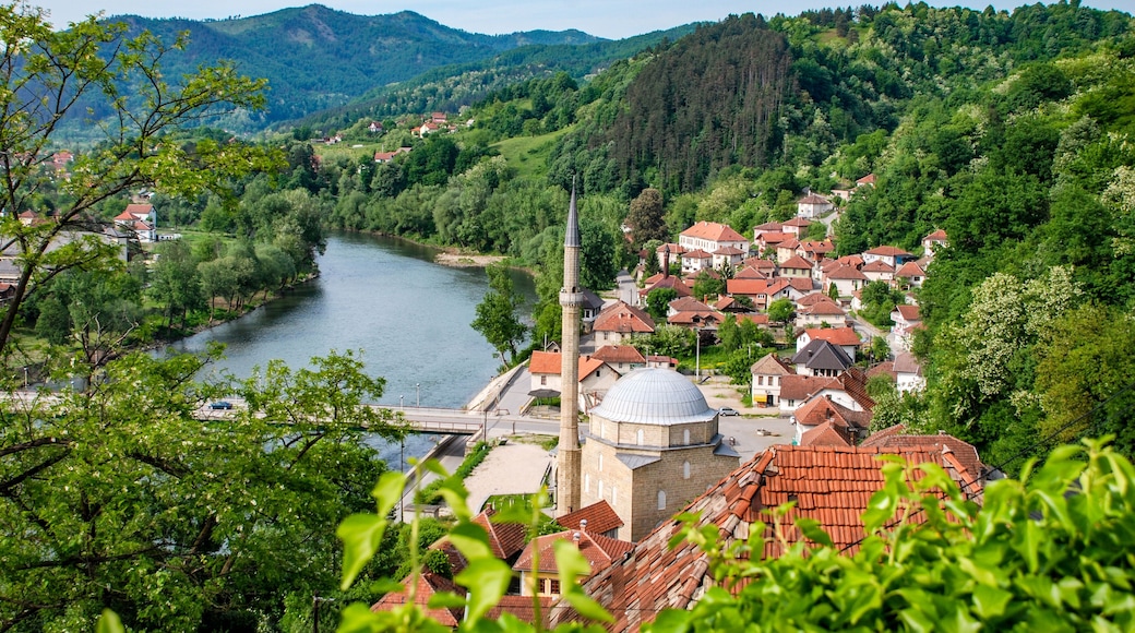 Maglaj, city in Bosnia and Herzegovina in spring. Maglaj is a town and municipality located in Zenica-Doboj Canton. Panoramic view of the city and river Bosna from Old fortress.