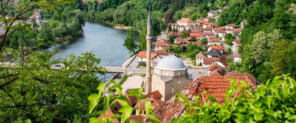 Maglaj, city in Bosnia and Herzegovina in spring. Maglaj is a town and municipality located in Zenica-Doboj Canton. Panoramic view of the city and river Bosna from Old fortress.