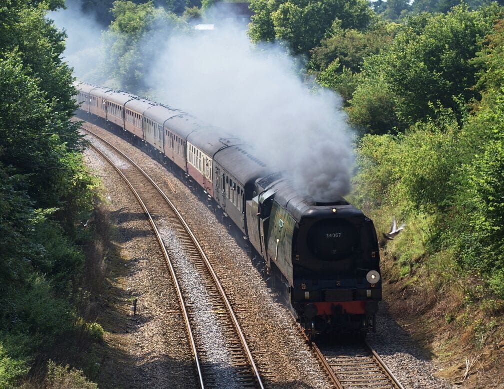 Battle of Britain class Bulleid Pacific, on a mainline steam excursion, near Gomshall.