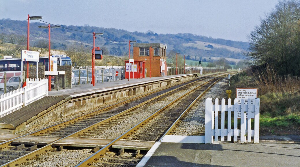 Gomshall station, eastbound platform 1993. View eastward, towards Redhill: ex-SE&CR Redhill - Guildford - Reading secondary main line. 'Gomshall & Shere' until 12/5/80, this station has staggered platforms withe westbound behind the camera. The North Downs are prominent in the background