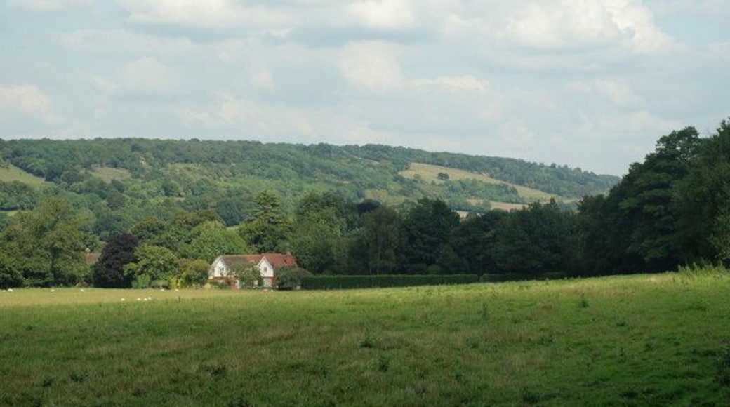 View Towards Gomshall, Surrey With the North Downs in the distance, Gomshall is located down in the valley, beyond the farm in the middle distance.