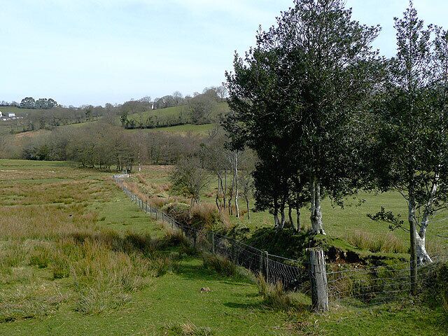 Public footpath to Ffaldybrenin, Carmarthenshire The stream of Camnant crosses the scene hidden in the trees at the far end of the field.