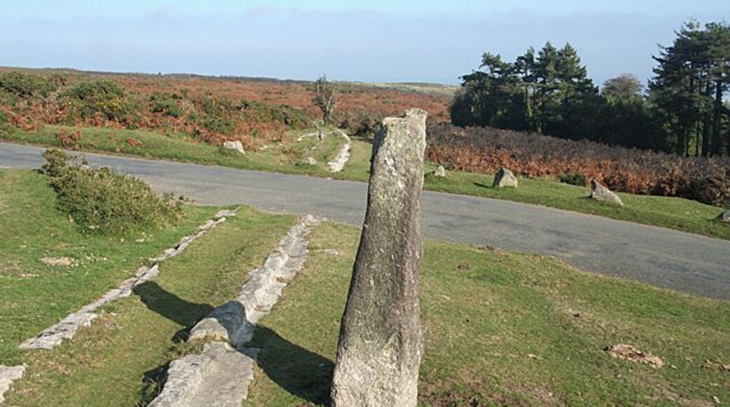 Ilsington: by the road to Beckaford, near to Haytor Vale, Devon, Great Britain. The Haytor Granite Tramway once crossed the road here. It then heads downhill by the road to Bovey Tracey and disappears into Yarner Wood on its way to Ventiford wharf on the Stover Canal. For more on the tramway see SX7677: Ilsington: Haytor Granite Tramway. In Ilsington parish