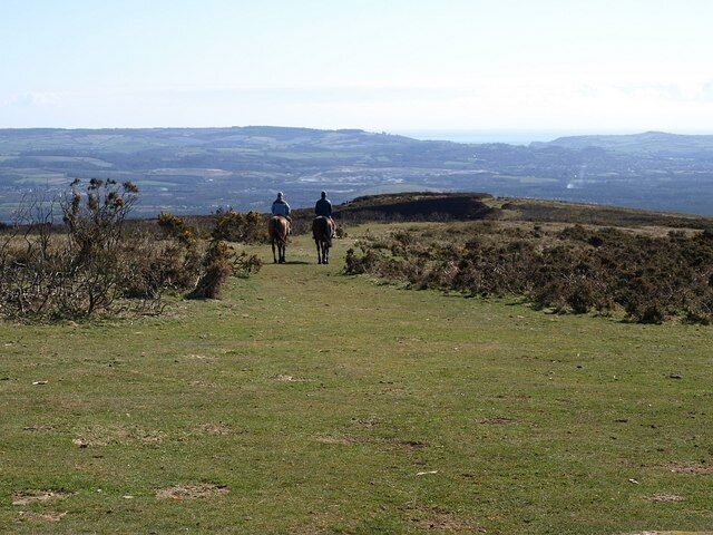 Riders on Haytor Down Seen from the car park on Higher Terrace, the lane north of Haytor Vale to Yarner Wood. The view is across South Devon to the Teign estuary.