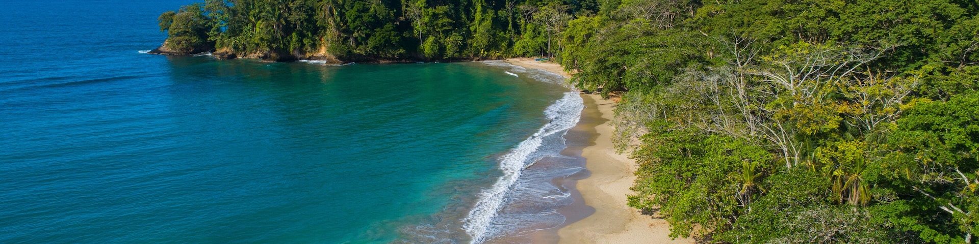 Un paysage cÎtier caractérisé par une plage de sable, des eaux turquoise et une végétation luxuriante.