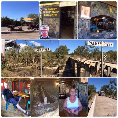 Throwback to May, 2014 when stopped at the Palmer River in northern Queensland.  The Palmer River lies almost directly west and inland to Cape Tribulation.  The river flooded in the aftermath of a severe cyclone in late March.  Water flowed over the bridge and debris was visible the bridge and along the river banks.  
One can stay overnight at the Palmer River Roadhouse and there is a range of accomodation available to suit most travellers.  An interesting place to stop for an hour or longer!