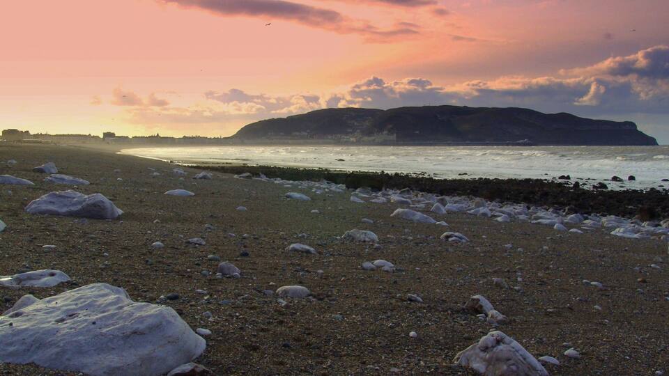 A beach with scattered rocks and a distant mountain.