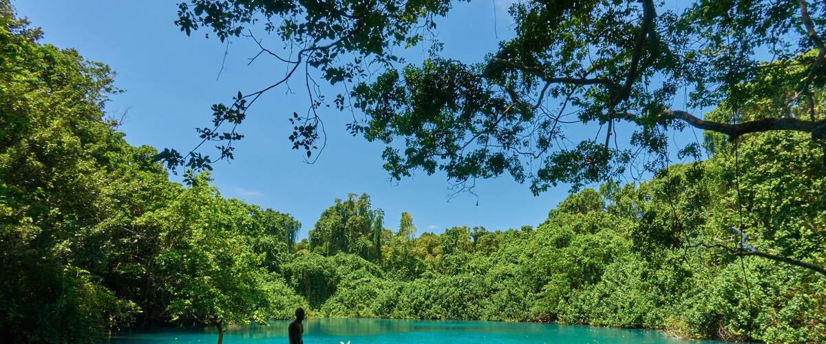 Malo Island which includes swimming and a lake or waterhole as well as a small group of people