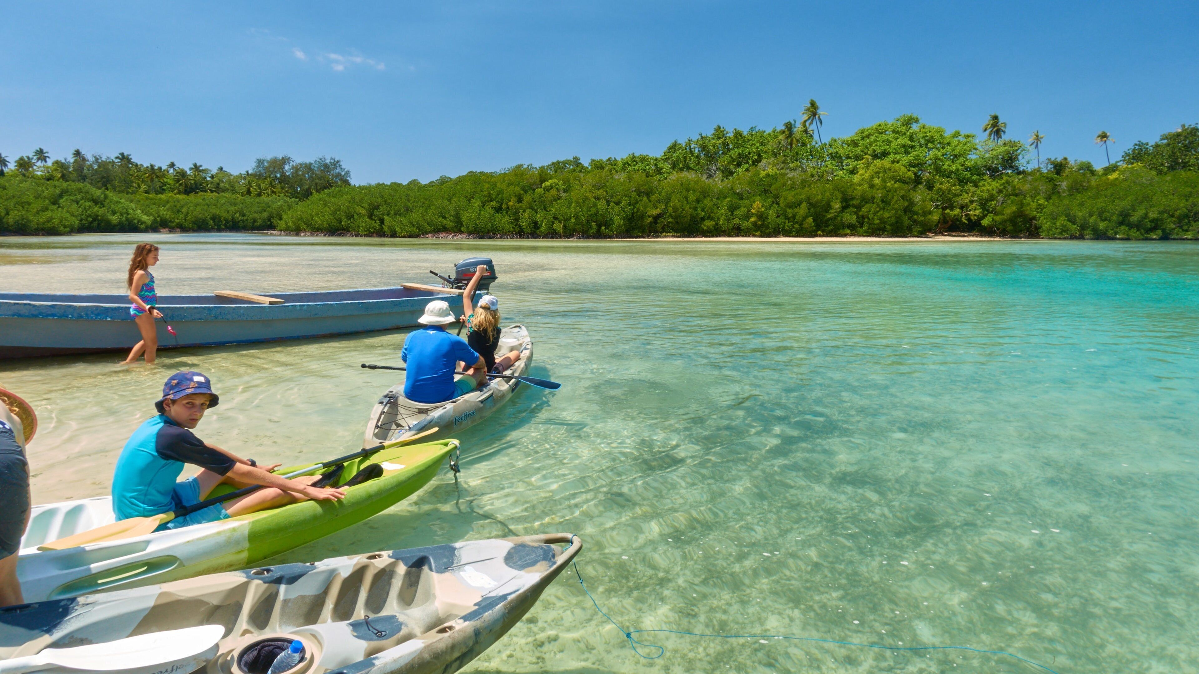 People in kayaks on a clear turquoise sea with a forested island in the background.