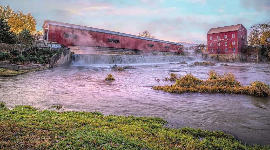 Early morning at the Bridgeton, IN covered bridge and grist mill.
