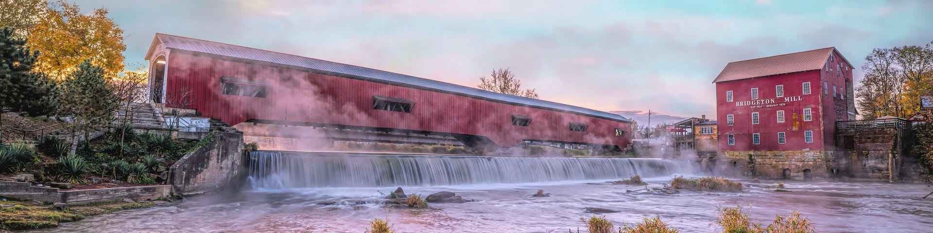 Early morning at the Bridgeton, IN covered bridge and grist mill.