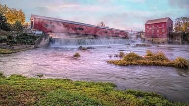Early morning at the Bridgeton, IN covered bridge and grist mill.