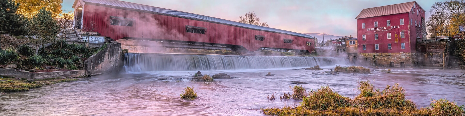 Early morning at the Bridgeton, IN covered bridge and grist mill.
