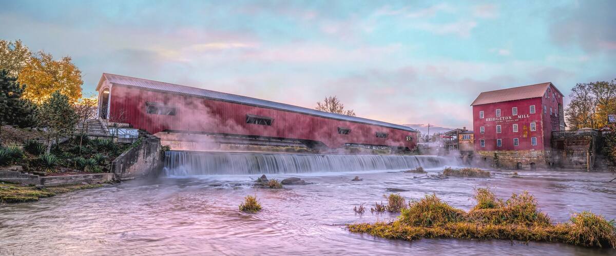 Early morning at the Bridgeton, IN covered bridge and grist mill.