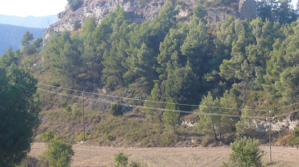 Castell de Castellolí . L'absis de l'església del castell és visible a la dreta del mateix.