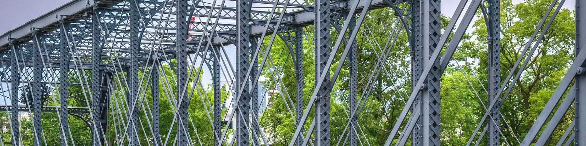 Wells Street Bridge and rain storm flood at the St. Marys River, Fort Wayne, Allen County, Indiana
